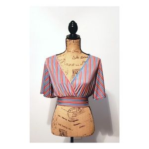 ✦Nasty Gal Slinky Striped Top Retro Wrap Flutter N